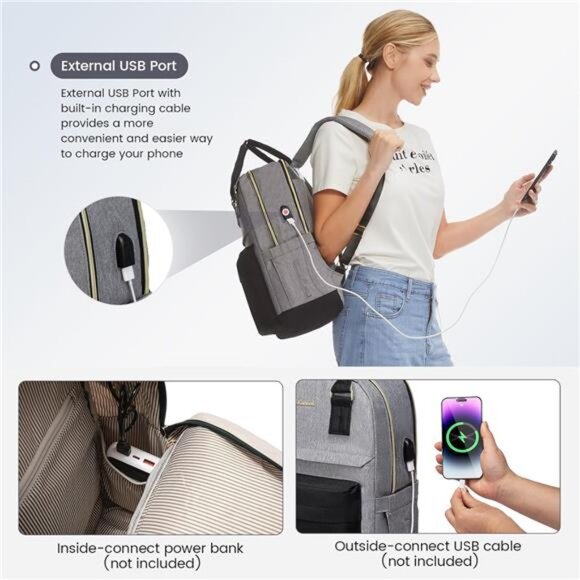 Laptop Backpack for Women 15.6 Inch, Black Grey